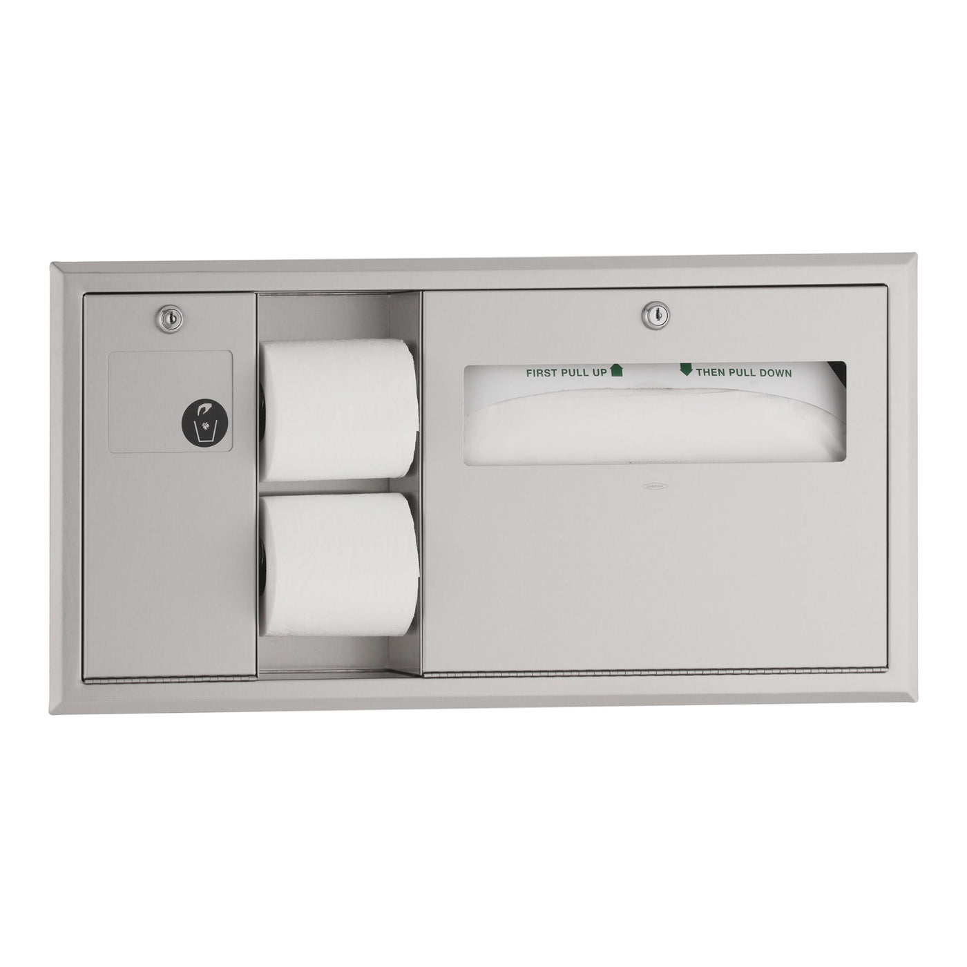 Bobrick B-3091 - Recessed Toilet Tissue / Seat-Cover Dispenser / Waste Disposal, Left Side While Seated
